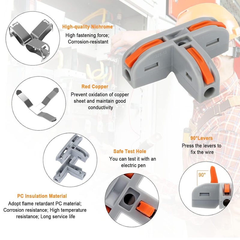 EEEKit 30 PCS Compact Wire Conductor Connector, T Shape Lever Nut Wire Connector Push in, Quick Splitter 3 Way Electrical Connectors, AWG 28-12 - Image 4